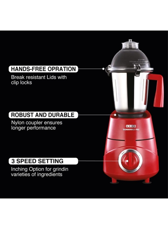 USHA Thunderbolt Pro 1000W with 3 Jars, 100% Copper Ball-Bearing Motor, Handsfree operation, 3 Jars, 3-Speed Setting with Inching option, 5 Years Warranty on Motor (Red) - Image 2